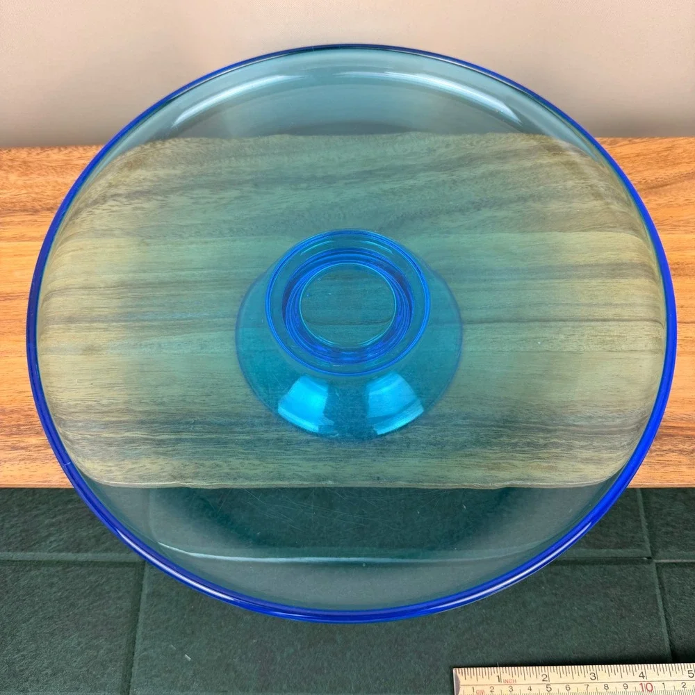 Vintage Aqua Blue Hand Blown Glass Cake Stand Pedestal Chip Dip Server 10 Inch